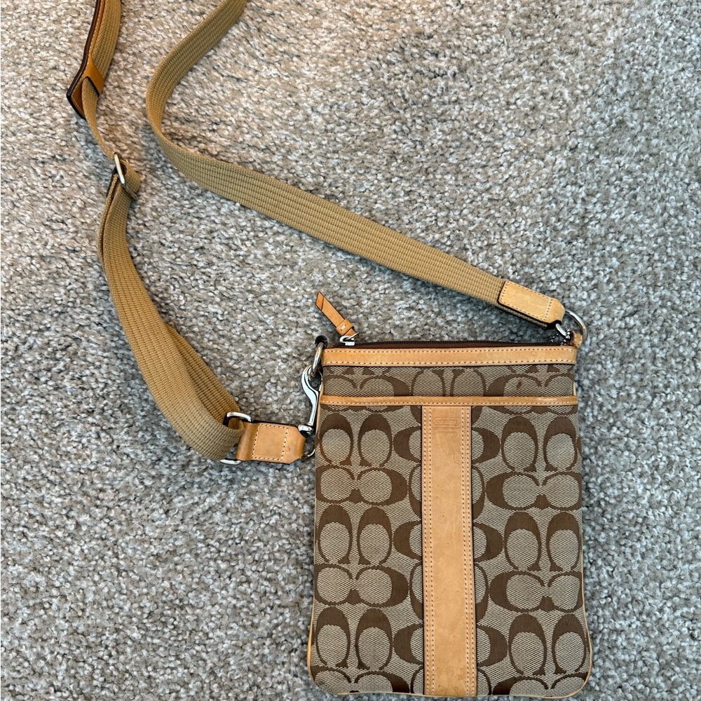 Coach Brown and Tan Crossbody Bag with Signature Monogram